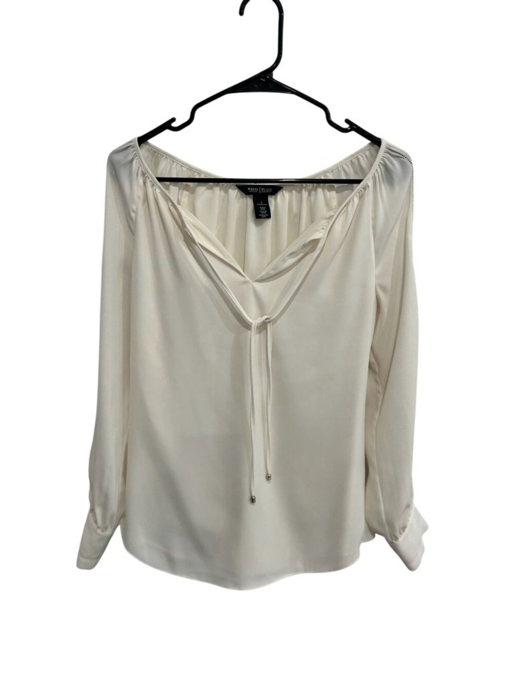 White House Black Market 2 Cream Long Sleeve Tie Neck Blouse Light Academia